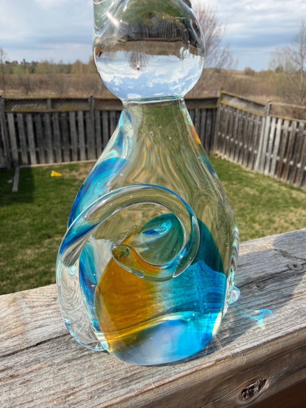 Art Glass Cat Figurine Blue Amber Controlled Bubble Hand Blown Style - Picture 7 of 9